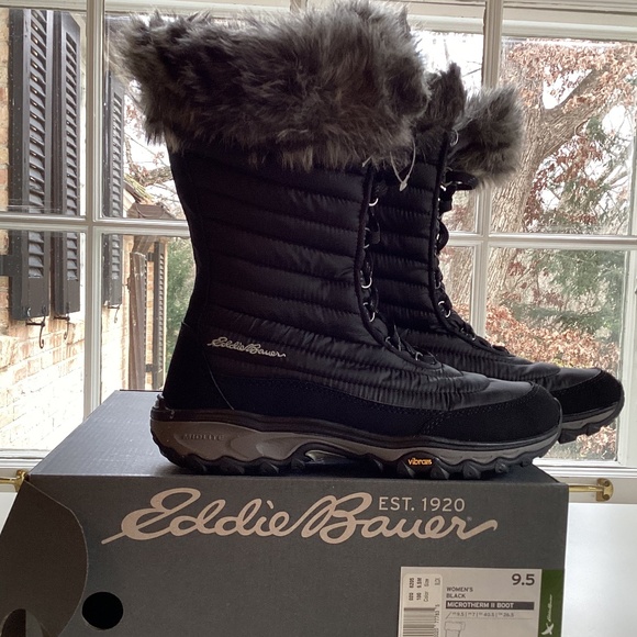 Eddie Bauer Women’s Microtherm II Tall Winter Black Boots Faux Fur Trim Laces - Picture 13 of 15